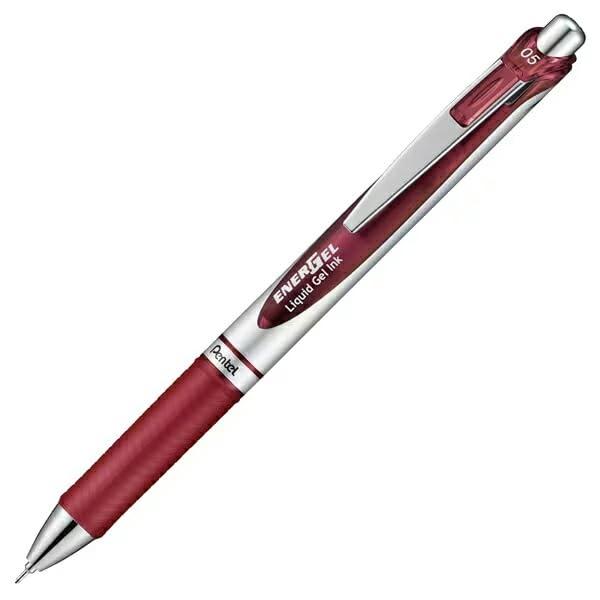 Pentel Energel Ballpoint Pen 0.5mm Silver Barrel Burgundy BLN75Z-BG