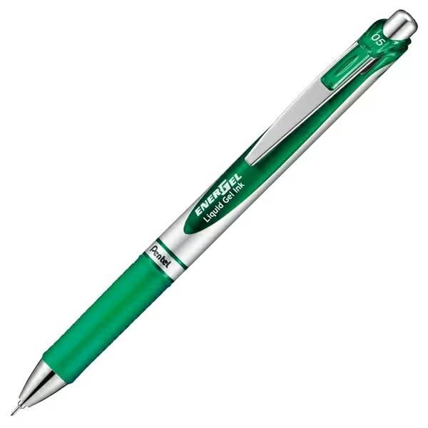 Pentel Energel Ballpoint Pen 0.5mm Silver Barrel Green BLN75Z-D