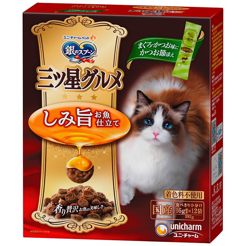 Uni-Charm Silver Spoon Three-Star Gourmet Dry Food Rich Flavor Fish Formula with Tuna & Bonito Flavor, Topped with Bonito Flakes 192g (16g x 12 bags)