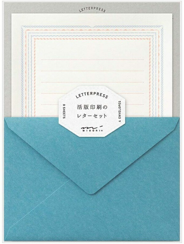 Midori Letter Set Letterpress Frame Pattern Blue 86463006