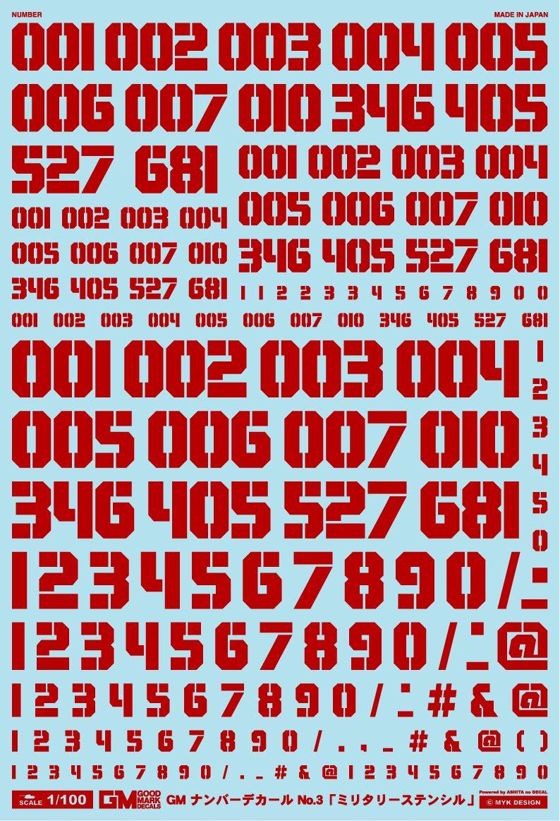 1/100 GM Number Decal No.3 “Military Stencil” Red