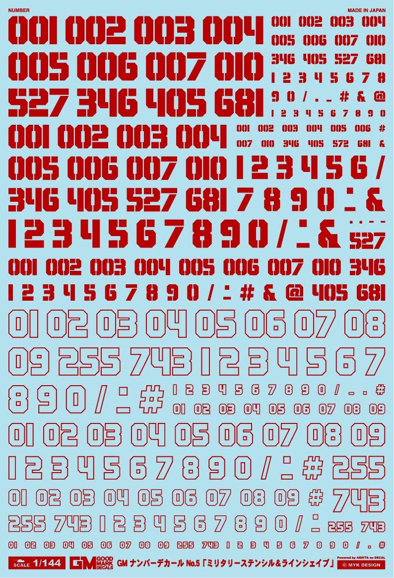 1/144 GM Number Decal No.5 “Military Stencils & Line Shapes” Red