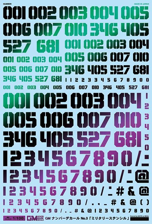 Ashita Decals 1/100 GM Number Decal No.3 “Military Stencil” Prism Black & Neon Blue
