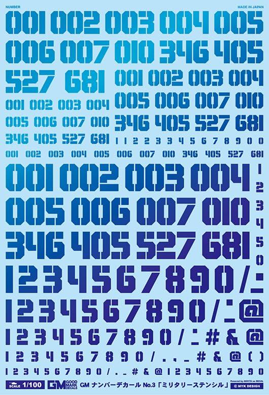 Ashita Decals 1/100 GM Number Decal No.3 “Military Stencils” Prism Blue & Neon Blue