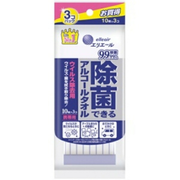 Daio Paper Erielle Antibacterial Alcohol Wipes for Virus Removal Portable 1 Pack (30 sheets: 10 sheets × 3 packs)