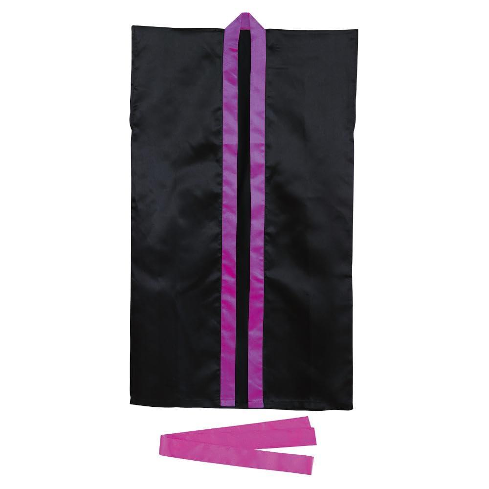 Soft Satin Long Happi Coat, Black with Purple Collar, Size J (Includes Headband)