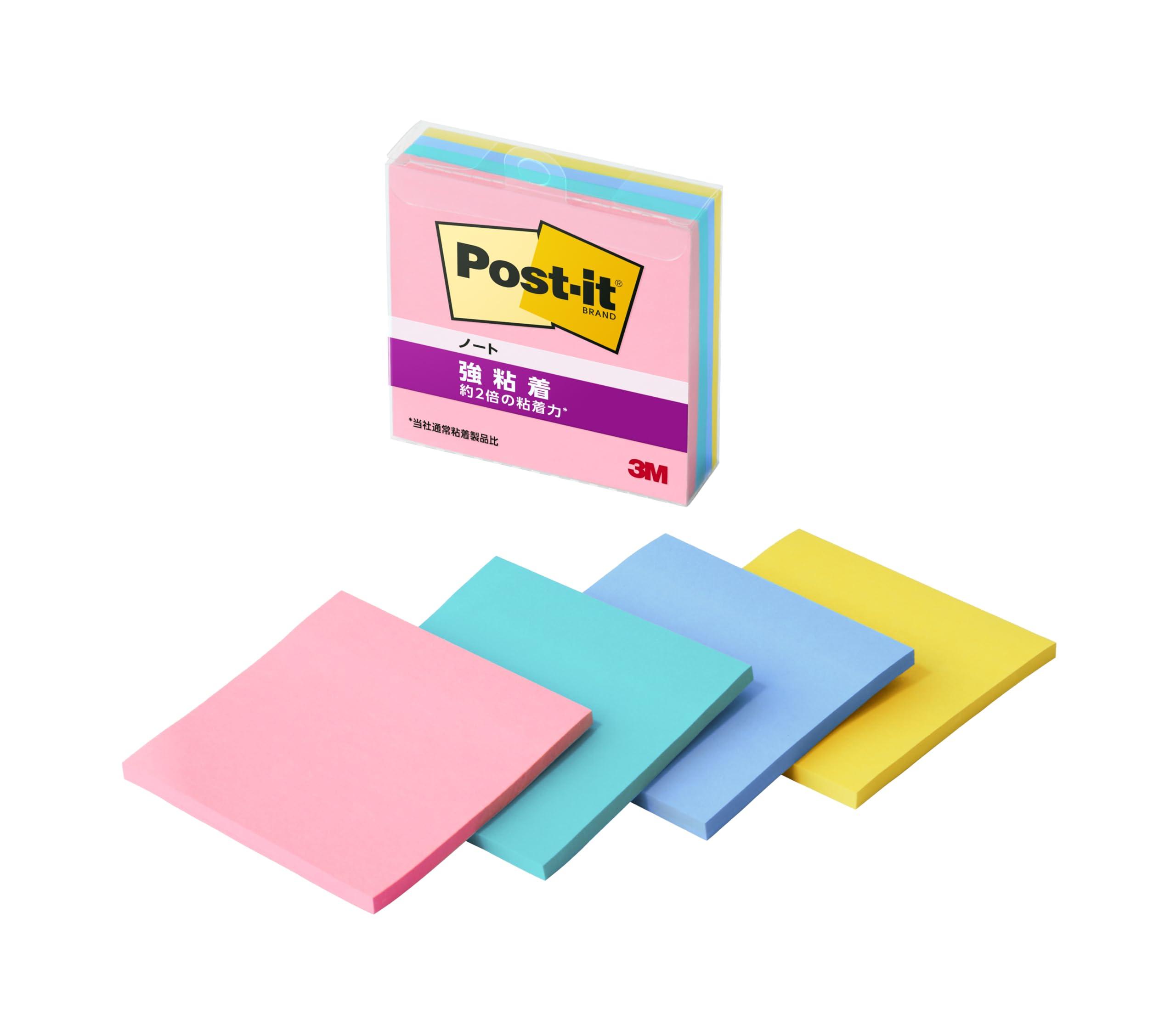 Post-it Notes, Strong Adhesive, Notebook, Multi-Color 3, 75×75mm, 45 Sheets, 4 Colors, 1 Pad Each, Clear Case, 654SS-MC-3