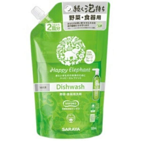 Saraya Happy Elephant Vegetable & Dishwashing Detergent Grapefruit Refill 500ml 1 Bottle