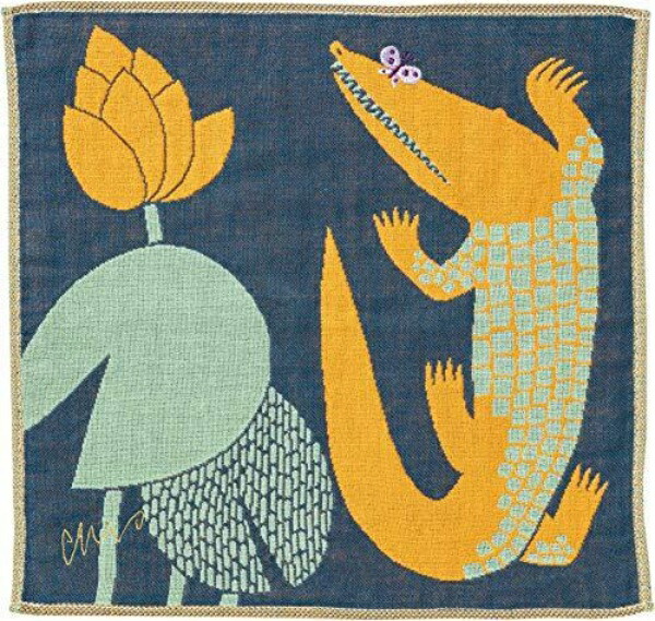 Kusubashi Mon Ori Triple-Layer Gauze Handkerchief: Crocodile and Butterfly, Navy Blue