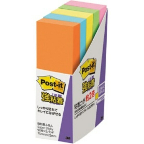 Post-it Notes, Strong Adhesive, Neon Colors, 75×25mm, 90 Sheets × 5 Packs, 500-5SSAN