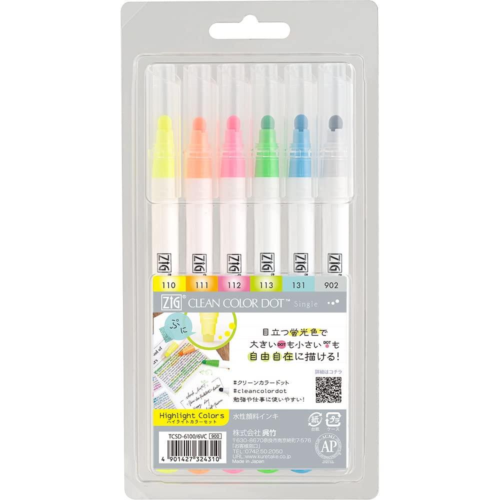Kuretake Water-Based Pen ZIG Clean Color Dot Single Highlight Color Set TCSD-6100/6VC