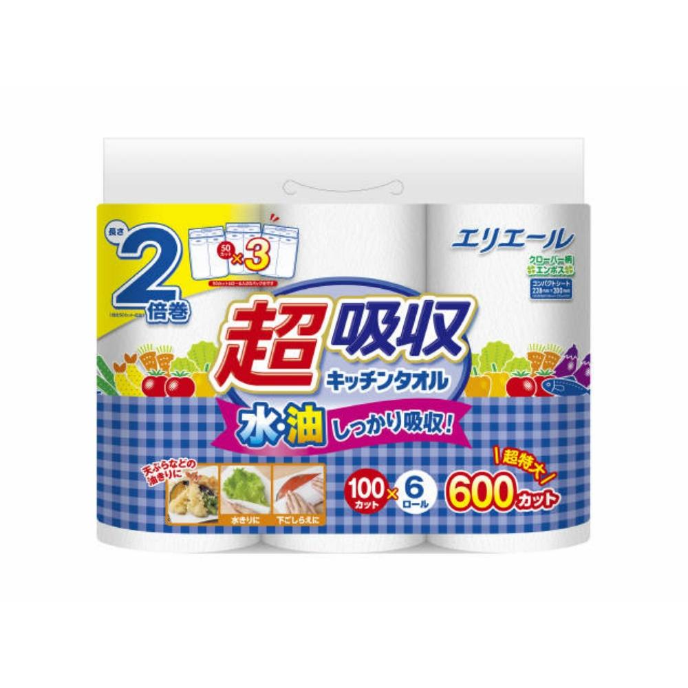 Erielle Ultra-Absorbent Kitchen Paper Towels, 100 Sheets per Roll × 6 Rolls