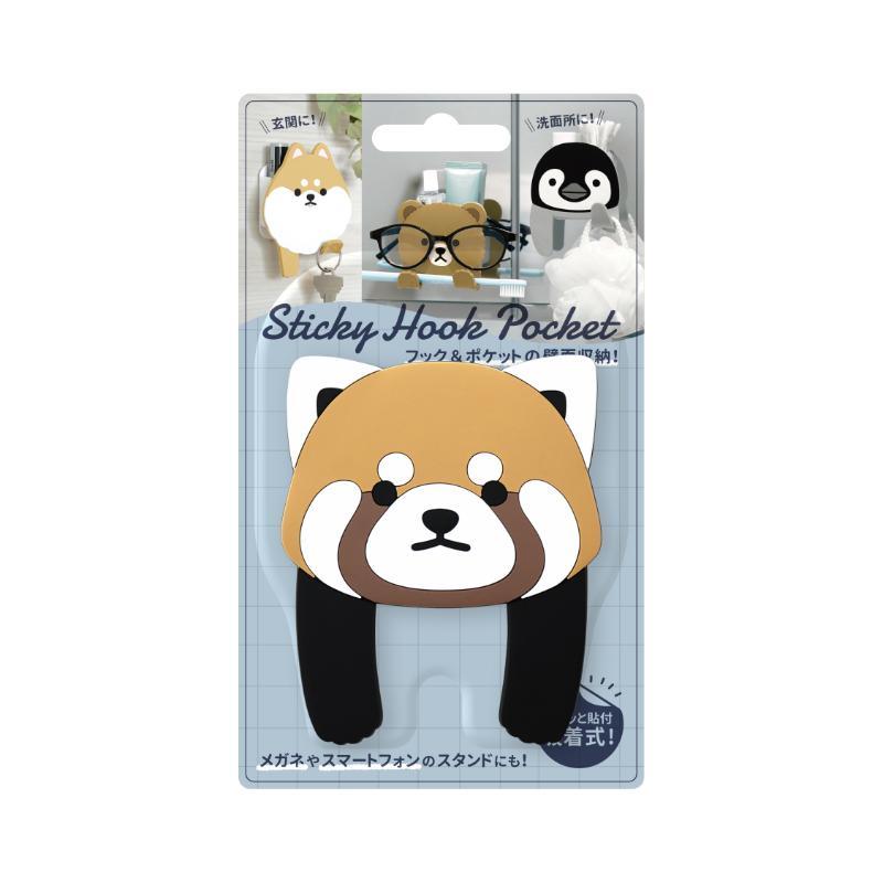 Sticky Hook Pocket Adhesive Hook Pocket Animal Design Peel and Stick Bathroom, Washroom, Entryway, Kitchen Door, Cabinet, Wall Storage Seal, Keys, Toothbrush Holder Toothpaste, Glasses Stand, Smartphone Stand Small Item Holder (Red Panda)