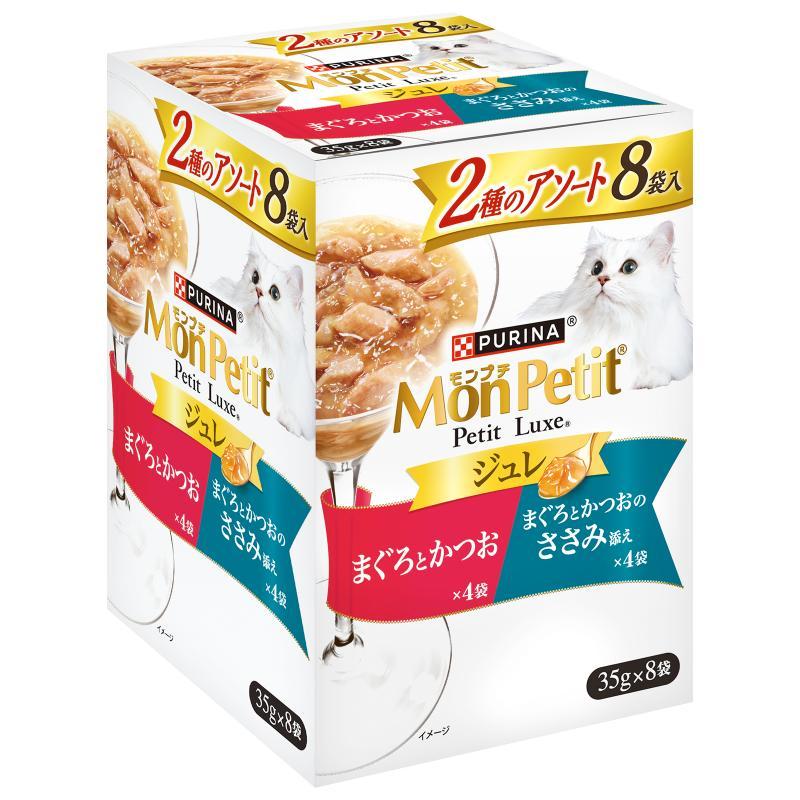 Monpuchi Petit Luxe Pouch Jelly Assortment of 2 Flavors: Tuna & Bonito & Tuna & Bonito with Chicken Breast 35g x 8 pouches