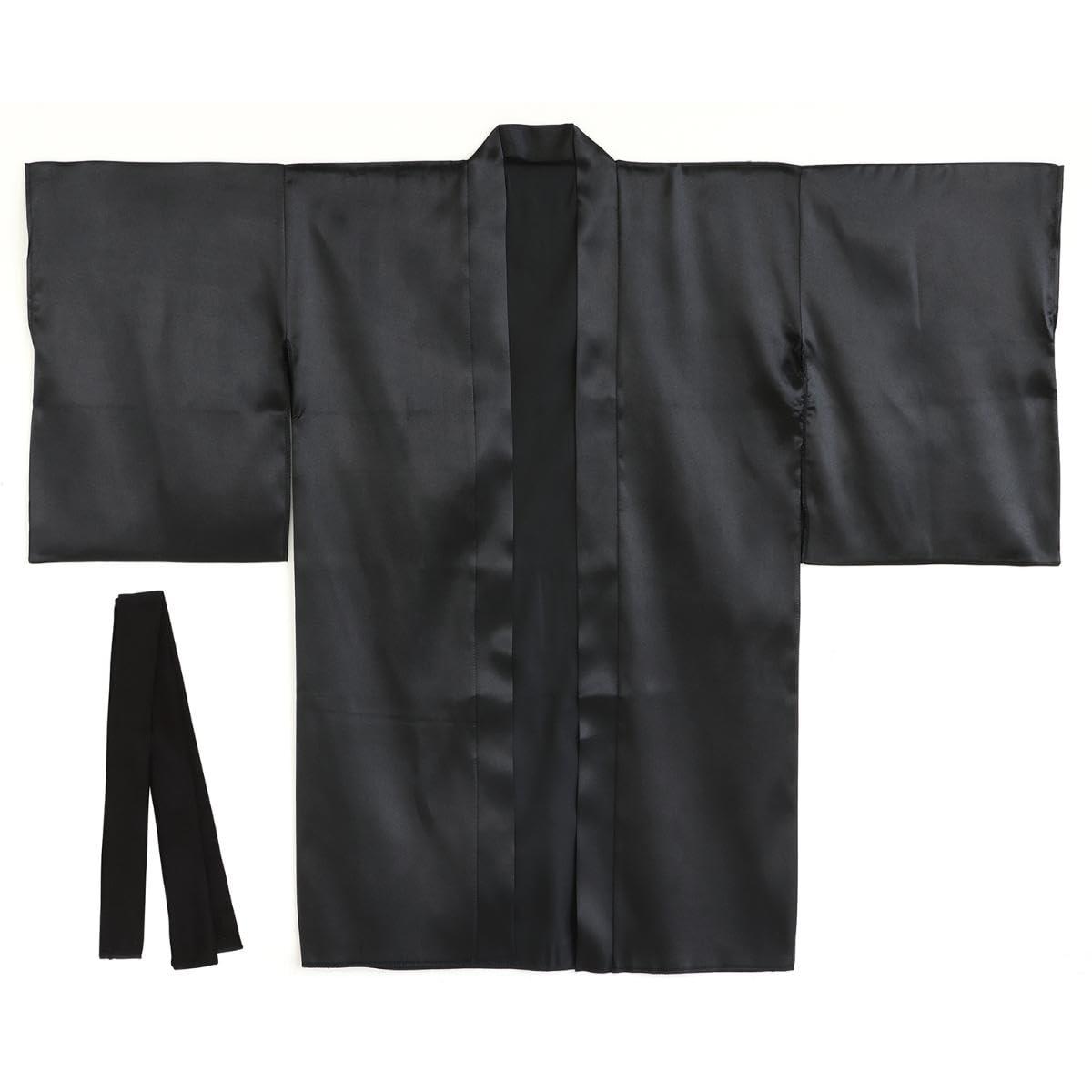 Soft Satin Long Sleeve Happi Coat, Black, Size M (Includes Headband)