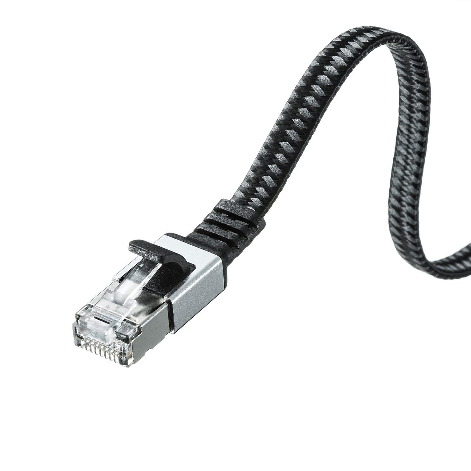 Sanwa Supply LAN Cable CAT6A Mesh Flat Metal Connector 10Gbps/500MHz Gigabit Ethernet Cable RJ45 Connector with Clip Protection (0.5m) Black & Gray KB-FL6AME-005BK