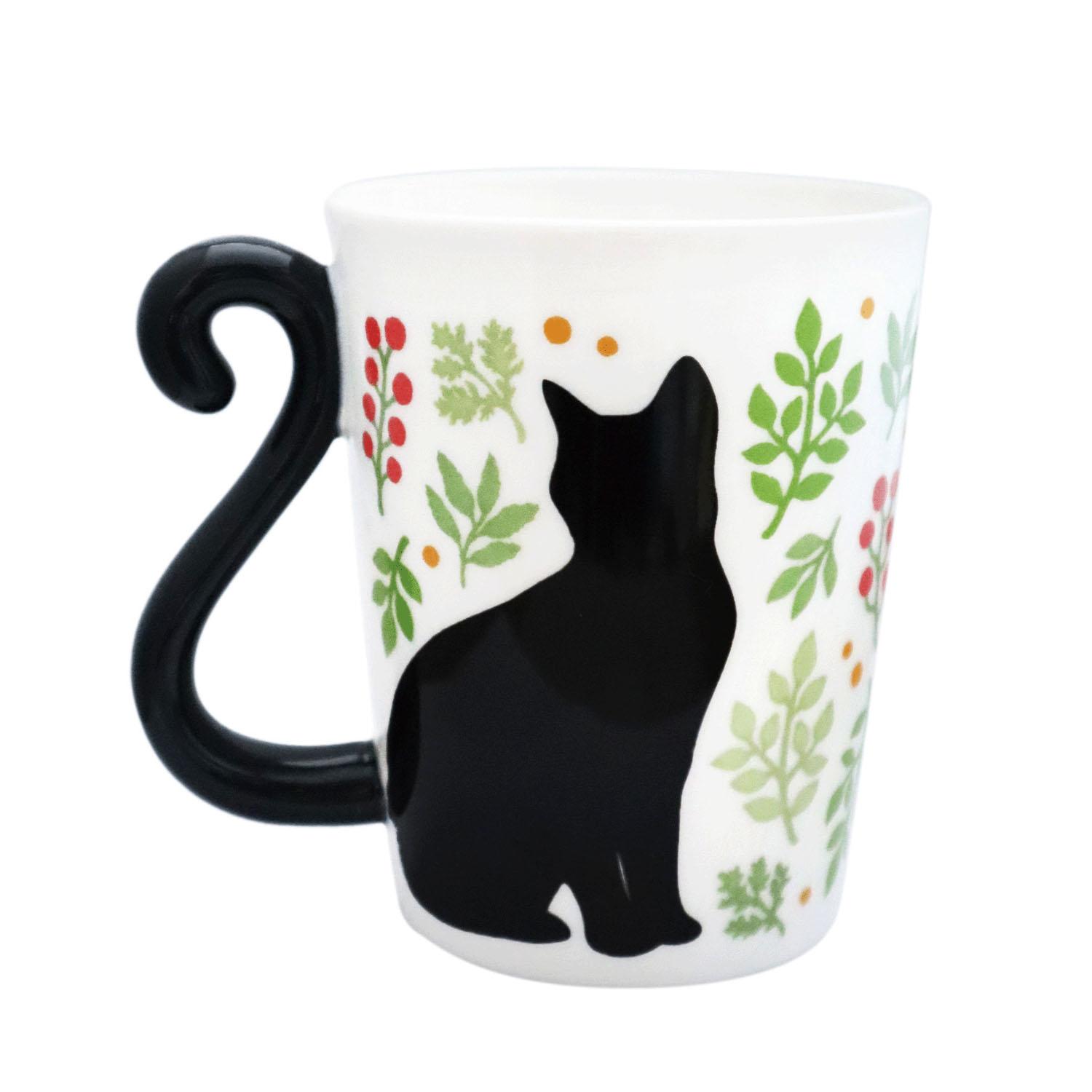 Artha Twin Mug Set: Black Cat Botanical Red Berries 300ml Dishwasher Safe Microwave Safe Porcelain Stylish mug with tail-shaped handle. Handles form a heart shape when joined. AR0604509