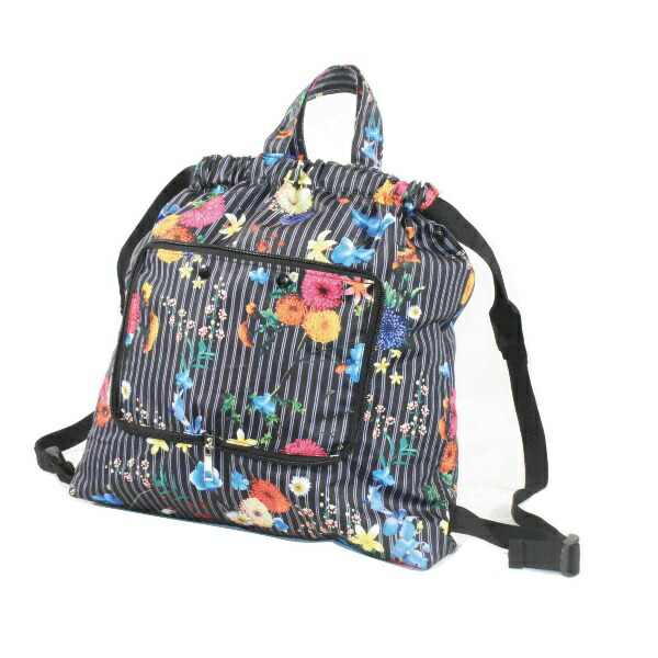 Compact Drawstring Eco Backpack - Black Stripe & Floral Pattern 02