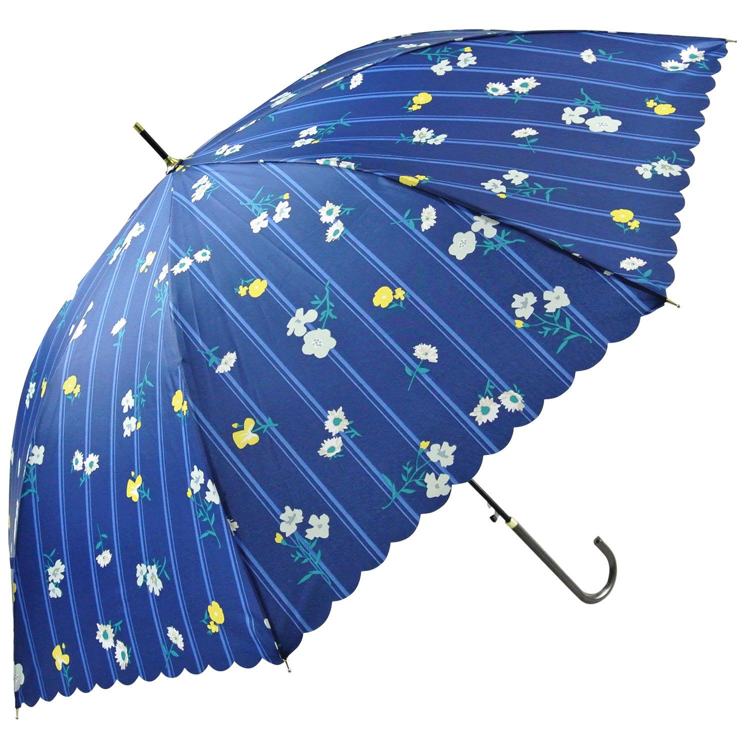 Floral Stripe Long Umbrella, Navy Blue