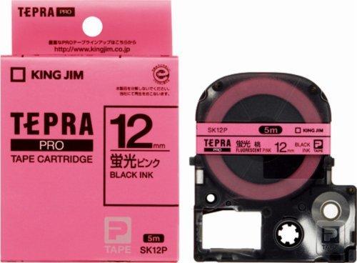 Kingjim Tepla PRO Tape Cartridge Color Label (Fluorescent Color) 12mm Fluorescent Pink/Black Text Length 5m SK12P