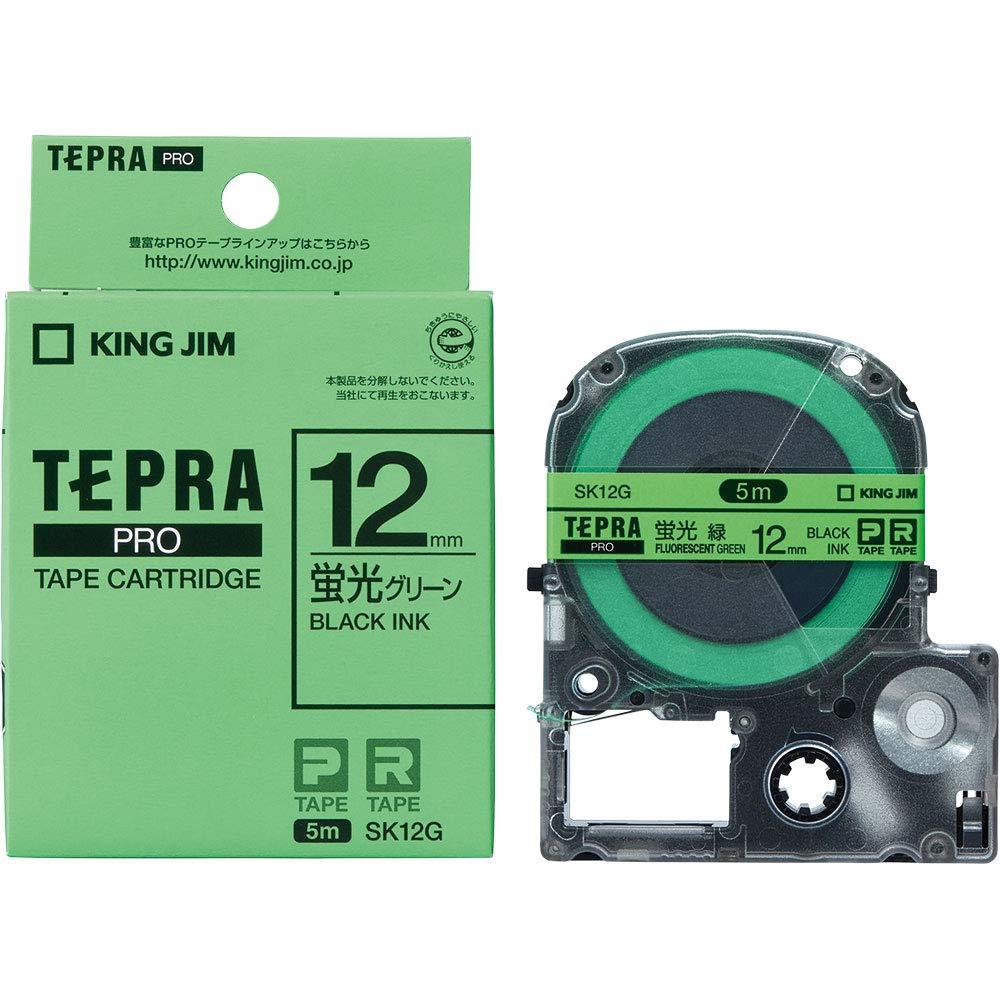 Kingjim Tepla PRO Tape Cartridge Color Label (Fluorescent Color) 12mm Fluorescent Green/Black Text Length 5m SK12G