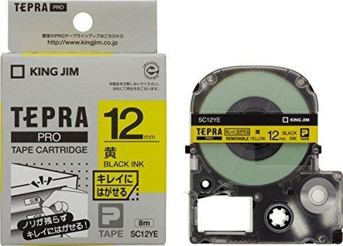 Kingjim Tepla PRO Tape Cartridge Clean-Peel Labels 12mm Yellow Label/Black Text Length 8m SC12YE