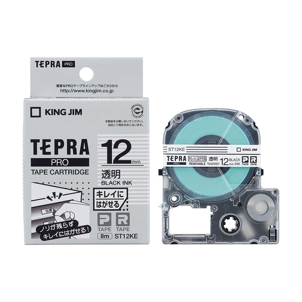 Kingjim Tepla PRO Tape Cartridge Clean-Peel Labels 12mm Transparent Labels/Black Text Length: 8m ST12KE