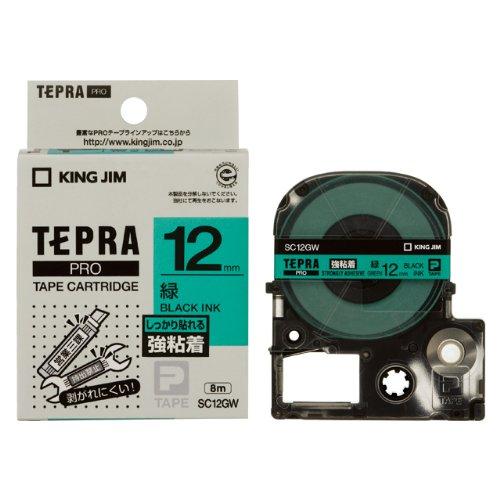 Kingjim Tepla PRO Tape Cartridge, Strong Adhesive, 12mm, Green Label/Black Text, Length 8m SC12GW
