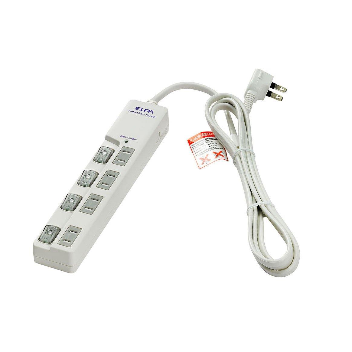 ELPA Surge Protector Power Strip with Switch, 4 Outlets, 2m Extension Cord, LED Indicator, Top Plug-in, WLS-LU420MB(W)