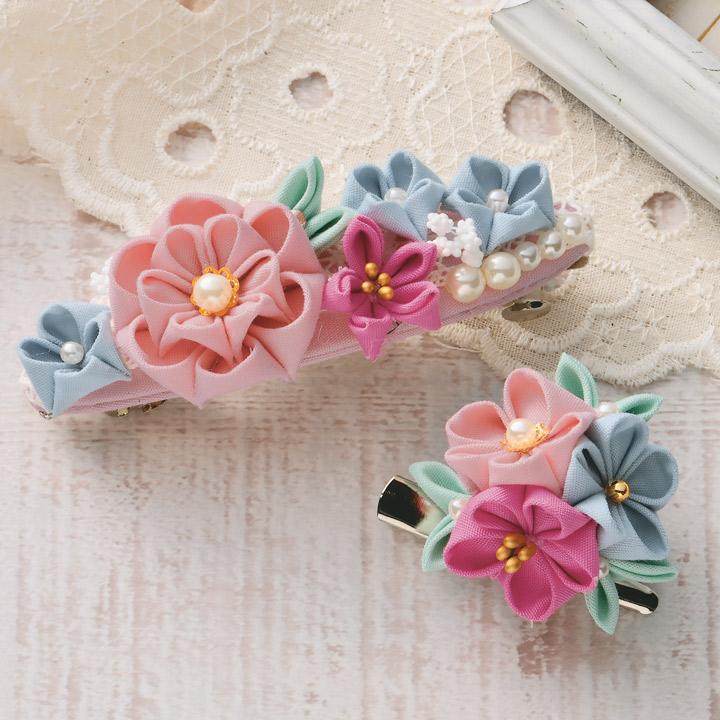 Takagi Textile Panami Craft Kit Make Everyday Tsumami Zaiku Accessories with Cotton Fabric Salmon Pink Barrette and Brooch LH-447