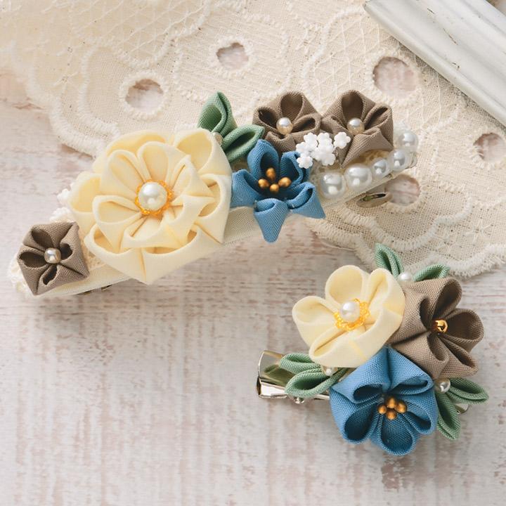 Takagi Textile Panami Craft Kit Everyday Tsumami Zaiku Made with Cotton Fabric Ivory Barrette and Brooch LH-448