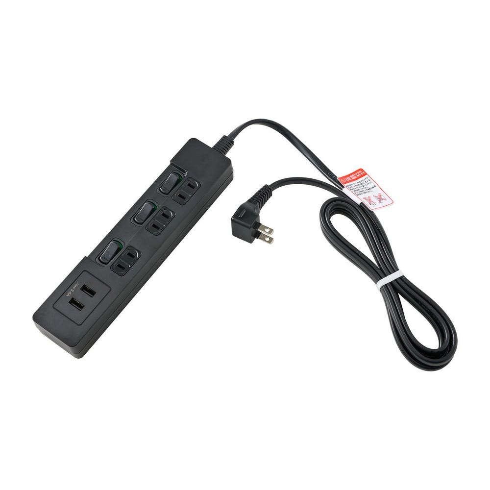 ELPA Power Strip with Individual Switches, AC 3 Outlets, USB-A ×2, 2m Cord Length, Black WLS-E3232UA(BK)