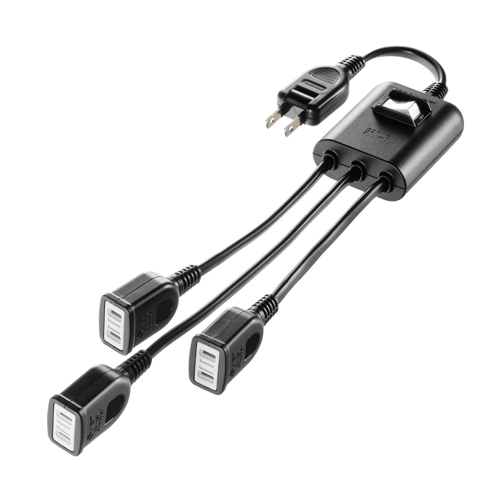 Sanwa Supply Power Extension Cord with Centralized Switch (2P, 3-Way Splitter, 3 Outlets, Black) TAP-EX3SWBK