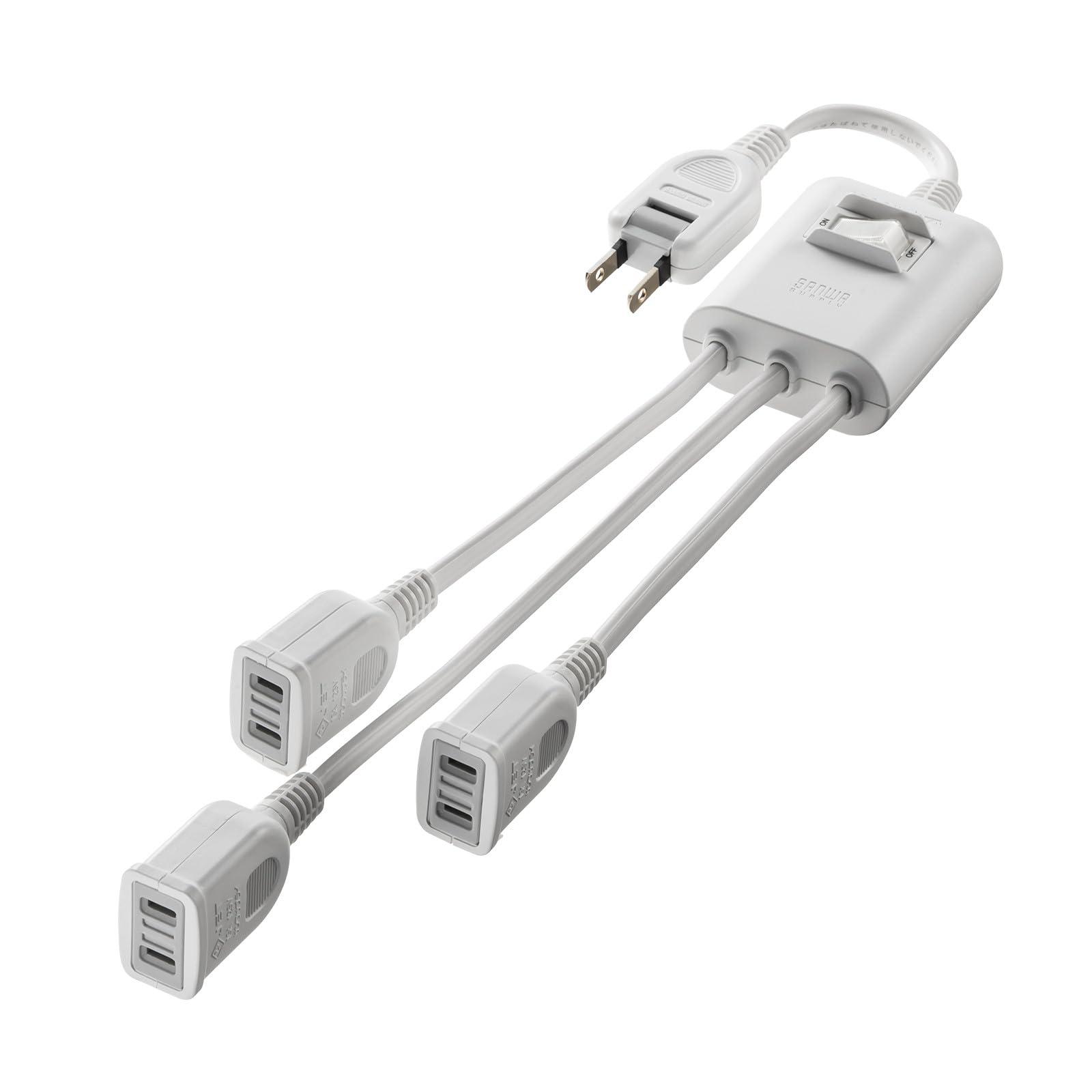 Sanwa Supply Power Extension Cord with Centralized Switch (2P, 3-Way Splitter, 3 Outlets, White) TAP-EX3SWW