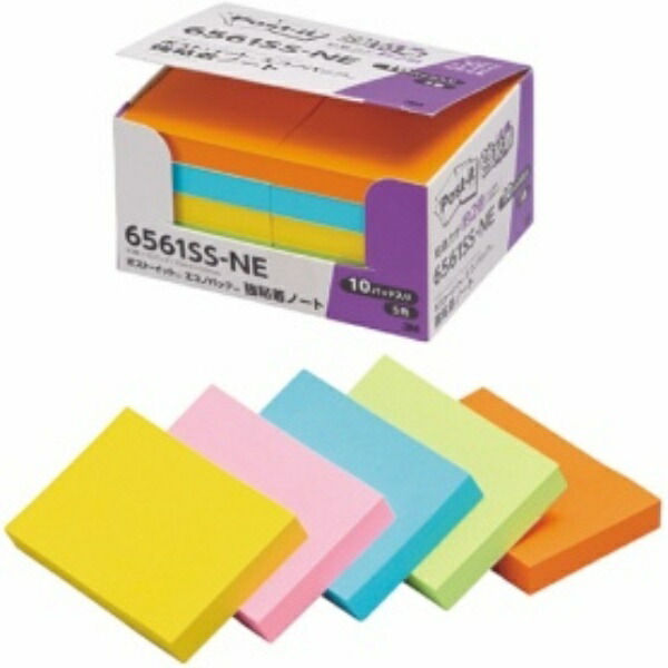 Post-it Notes, Strong Adhesive, Neon Colors, 75×50mm, 90 Sheets × 10 Packs, 6561SS-NE