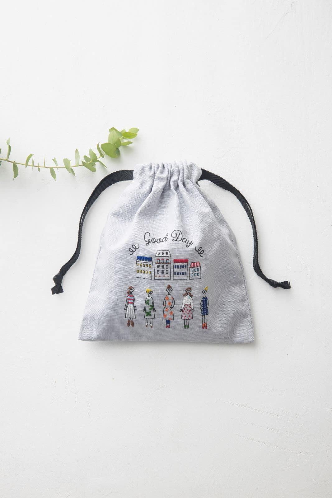 LECIEN 100 Neesan Mini Drawstring Pouch (Townscape) Embroidery Kit 542110 Pale Gray