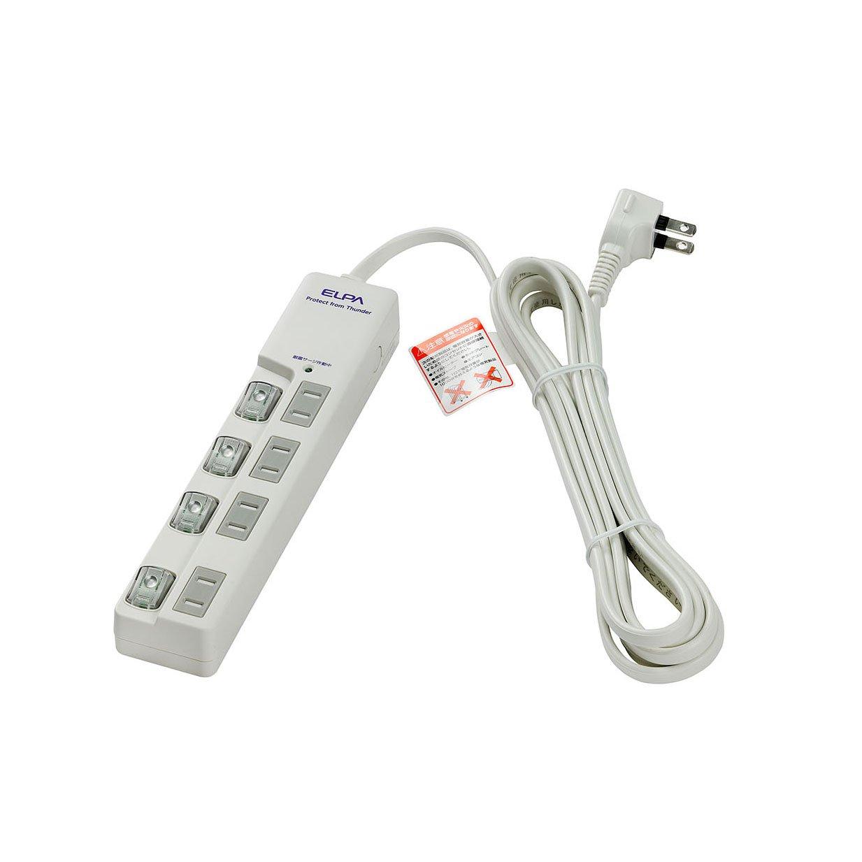 ELPA Surge Protector Power Strip with Switch, 4 Outlets, 3m Extension Cord, LED Indicator, Top Plug-in, WLS-LU430MB(W)