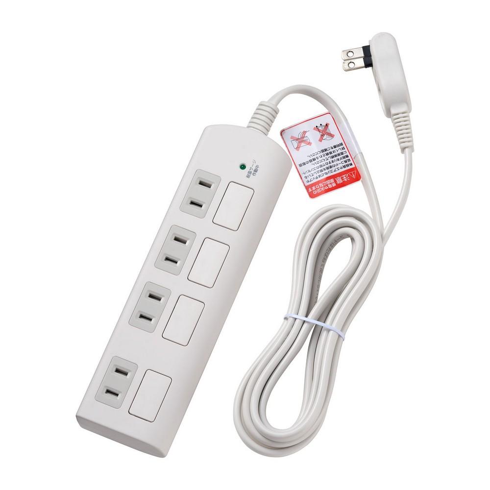 ELPA Surge Protected Flat Switch Tap Surge Guard Extension Cord 4 Outlets 2m 125V 15A with Cover WBS-LS402F(W)