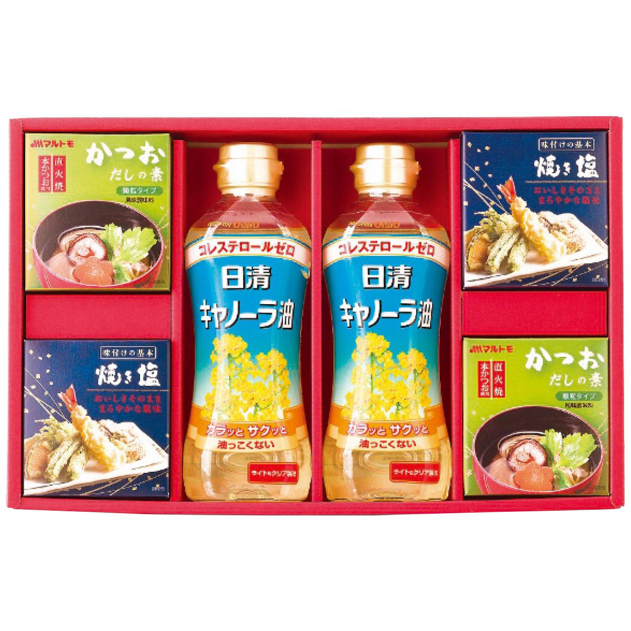 Variety Seasoning Gift Set (Nissin Canola Oil 350g × 2 bottles, Marutomo Bonito Flakes 4g × 6 packets, Roasted Salt 20g × 2 packets, 2 boxes each) 4226-028