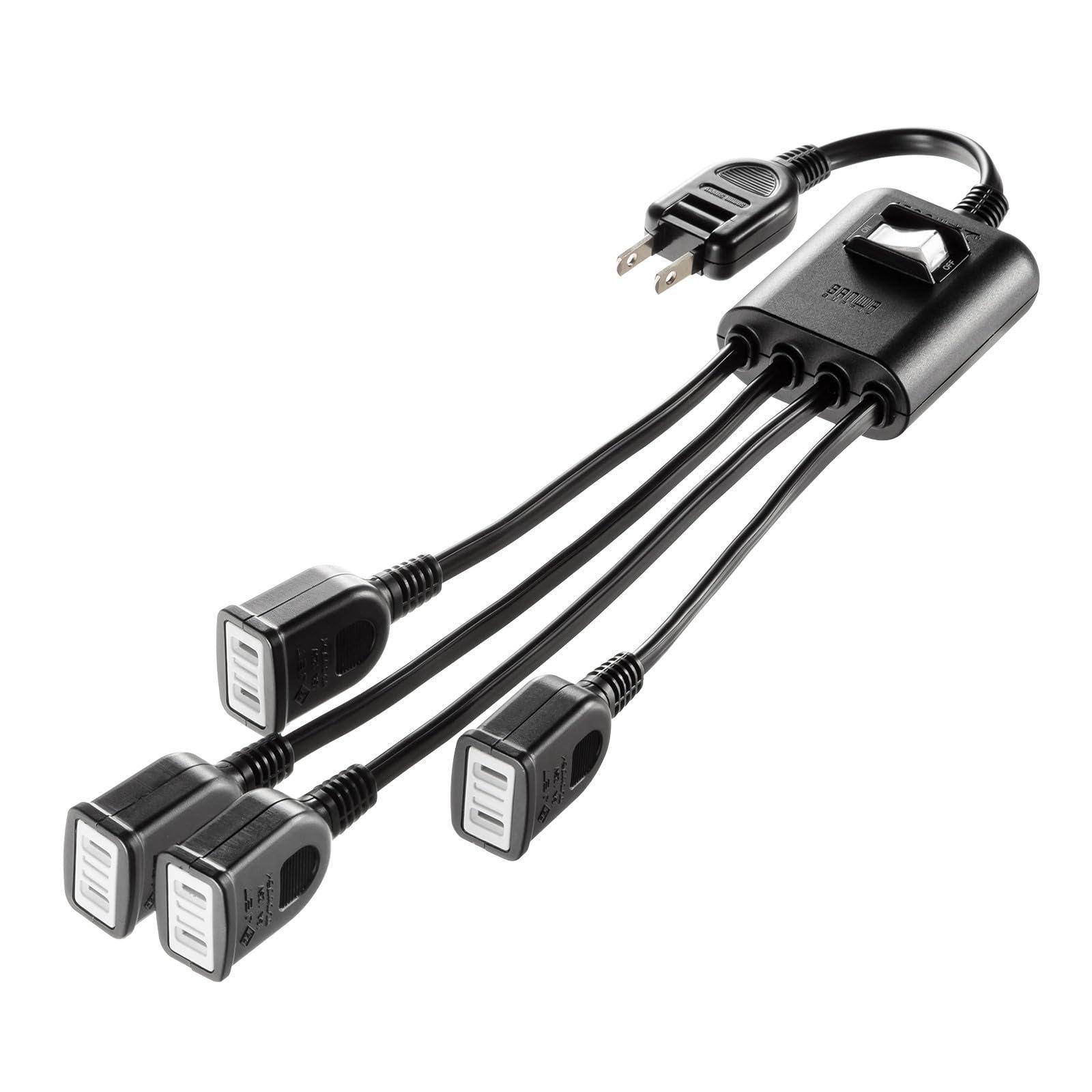 Sanwa Supply Power Extension Cord with Centralized Switch (2P, 4-Way Splitter, 4 Outlets, Black) TAP-EX4SWBK