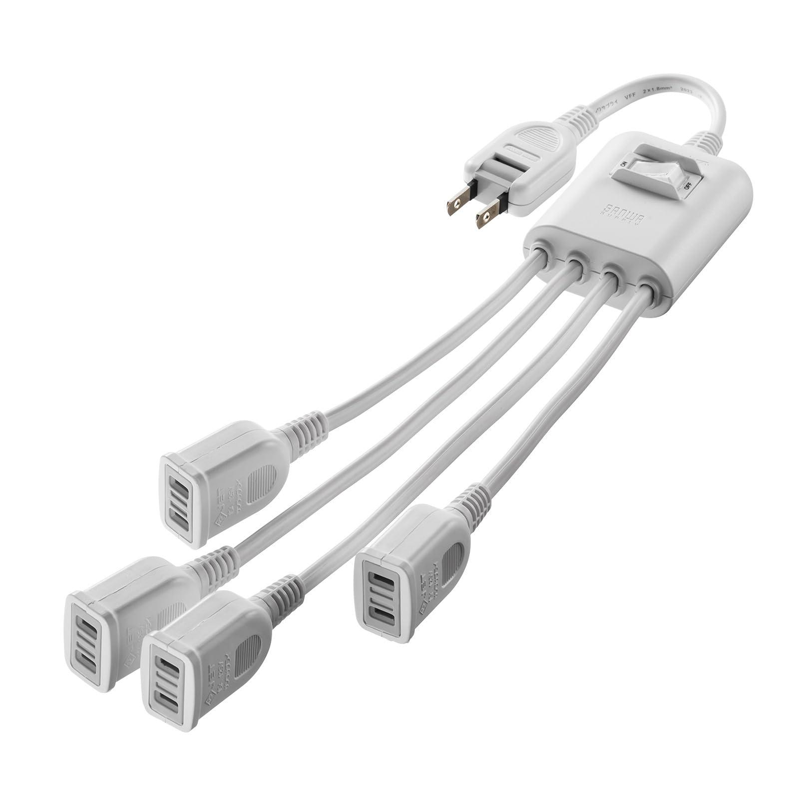 Sanwa Supply Power Extension Cord with Centralized Switch (2P, 4-Way Splitter, 4 Outlets, White) TAP-EX4SWW