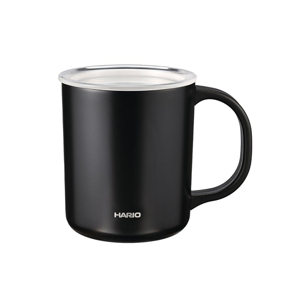 HARIO Ceramic-Coated Vacuum Double-Wall Insulated Mug, Black, 350ml, with Lid CMG-350-B