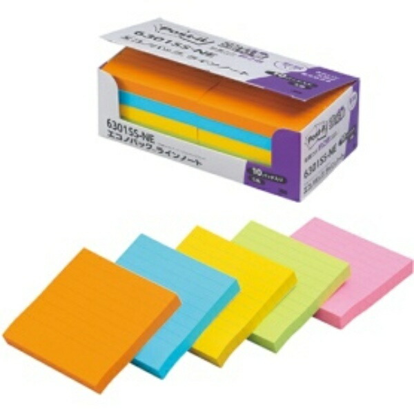 Post-it Notes, Strong Adhesive, Ruled, Neon Colors, 75×75mm, 90 Sheets × 10 Packs, 6301SS-NE