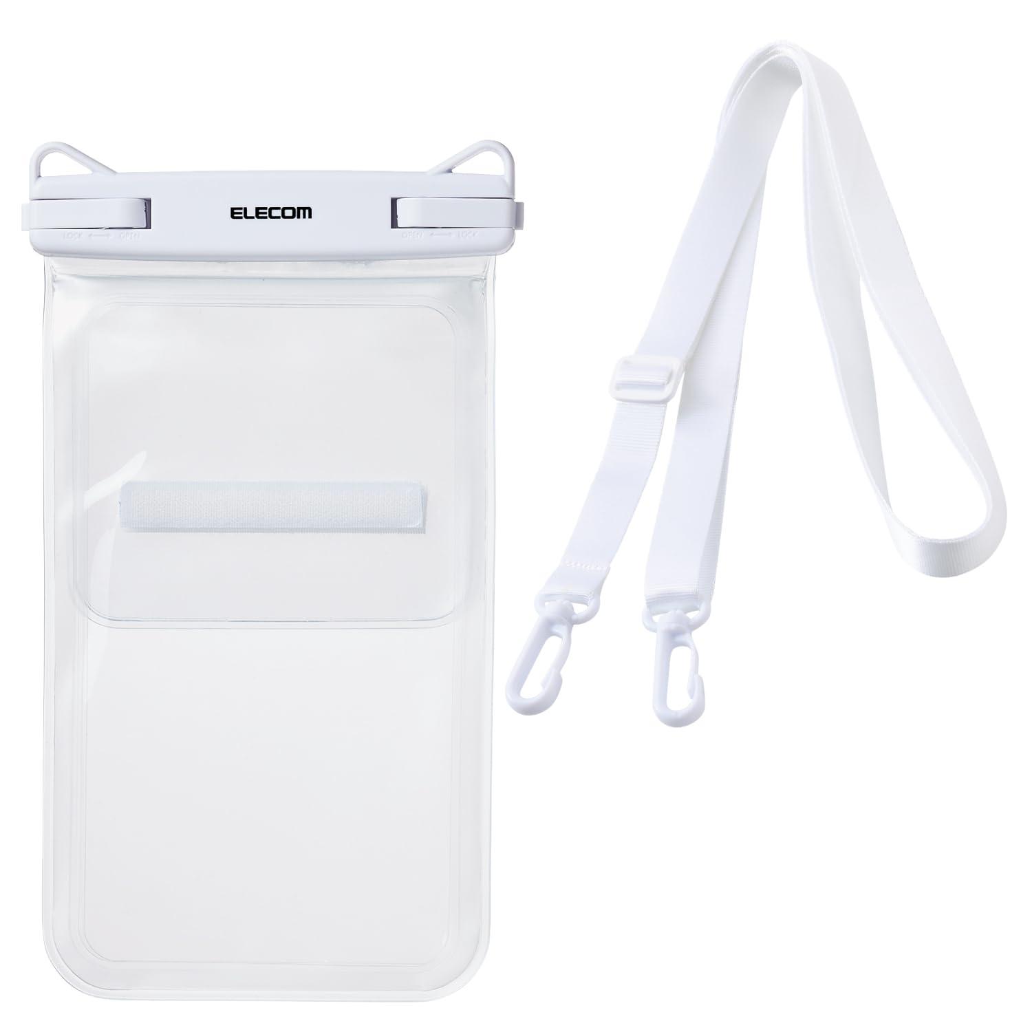 ELECOM Smartphone Waterproof Case for Bath, Beach, and Underwater Use Neck-Wear Style, IPX8 Rated Face Recognition Compatible, Operable While Inside Features Two Pockets, Lock Lever Type For Smartphones 6.9 inches or smaller White P-WPS2P05WH