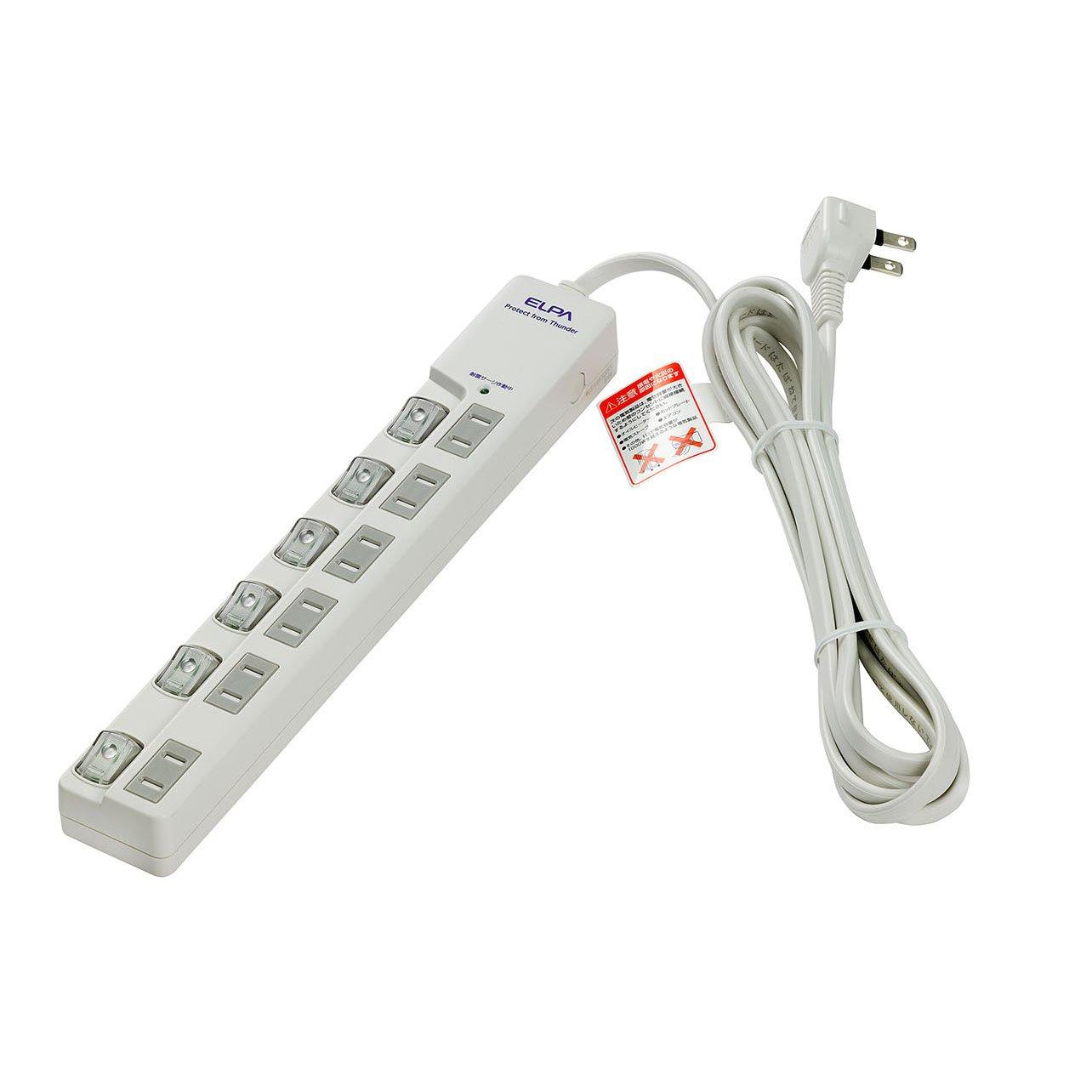 ELPA Switch-Equipped Tap Surge Protector Outlet Extension Cord LED Top-Plug 6-Outlet 3m WLS-LU630MB(W)