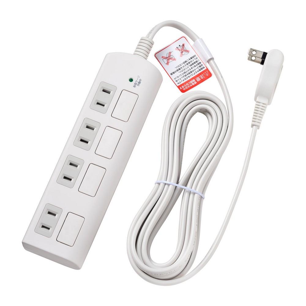 ELPA Surge Protected Flat Switch Tap Surge Guard Extension Cord 100V 15A 4 Outlets 3m with Door WBS-LS403F(W)