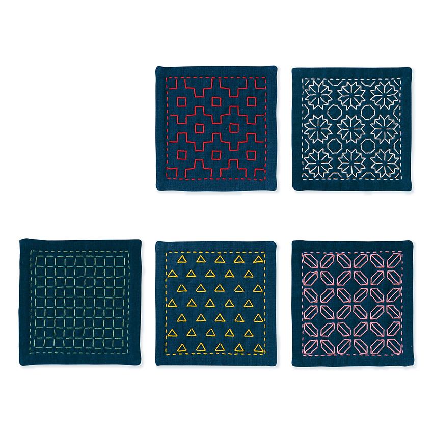 Olympus Silk Thread [Fine] Sashiko Stitch Coasters Single-Stitch Coasters, Set of 5 Kit SK-424 Indigo OLY-SK424