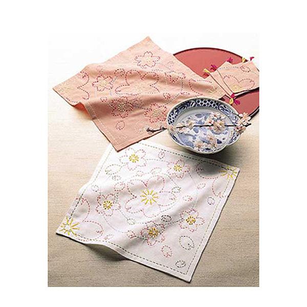 Olimpas Silk Flower-Patterned Dishcloth Kit Sashiko Stitching Pre-printed Design: Cherry Blossoms by the Water 154