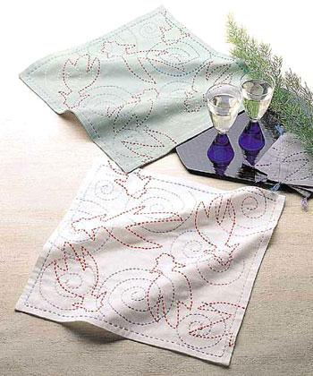 Olimpas Silk Sashiko Kit: Flower-Patterned Dishcloth, White & Light Blue, 155