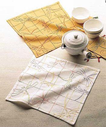 Olimpas Silk Sashiko Kit: Flower-Patterned Dishcloth, White & Mustard, 156